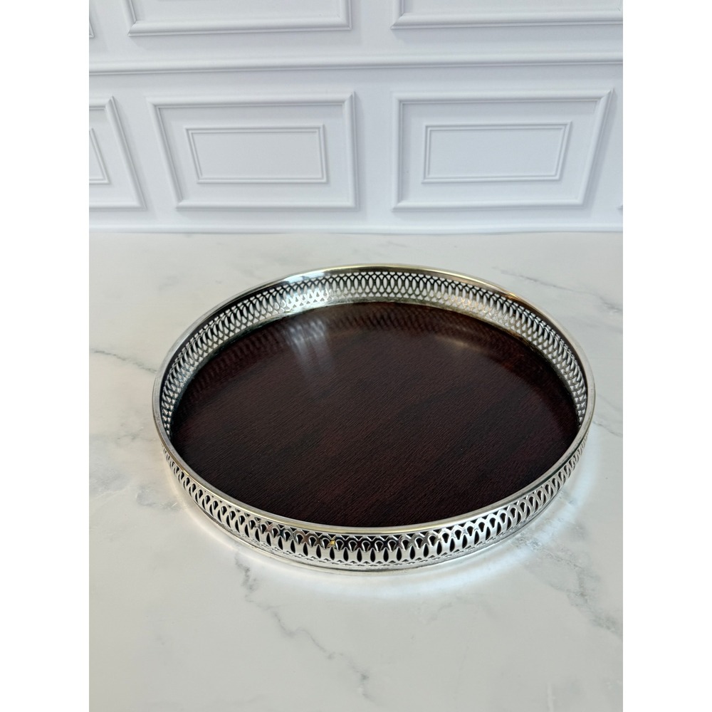 VTG‎ Crescent Silverplate & Formica 10" Round Reticulated Edge Rosewood Tray